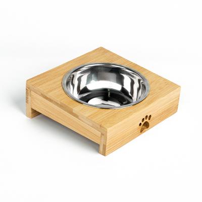 China Viable Custom Logo Square Stainless Steel Single Pet Bowls Bamboo Food Bowl Holder Feeding Rack for sale