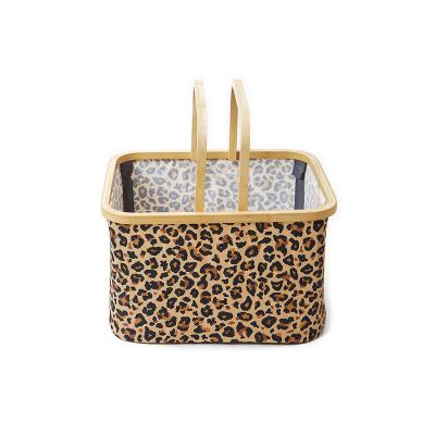 China Custom Viable Toy Organizer Box Bamboo Frame Foldable Rectangular Cloth Storage Leopard Folding Laundry Hamper for sale