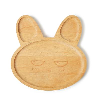 China OEM Logo Laser Pattern Rabbit Baby Viable Cartoon Wooden Kids Plated Dinner Dish for sale