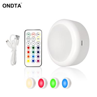 China Modern USB Rechargeable LED Puck Light Wireless RGBW Colors Night Light with Remote Control for Bed Room Cabinet Kitchen for sale