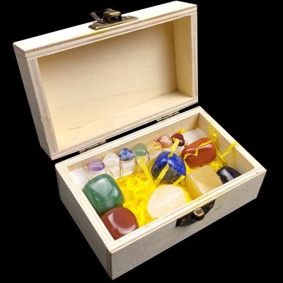 China China Natural Heart Jade Chakra Rock Healing Crystal Tumbled Stone 7 Chakra Wooden Gift Box for sale