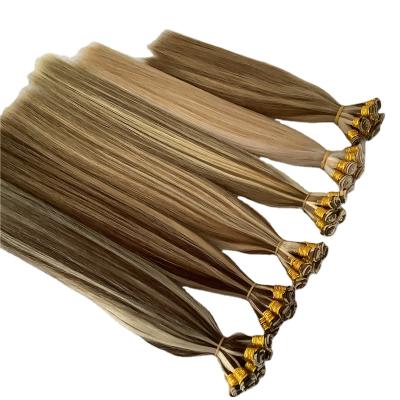 China Hot Selling Qicai Silky Straight Wave European Raw Russian Seller Thick Pulled End Double Weft Hair Weft Highlight Handtied Hair Extensions for sale