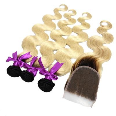 China Body Wave Ready To Ship Blonde Brazilian Remy Hair 1b/613 Body Wave Ombre Bundles With Lace Closure for sale