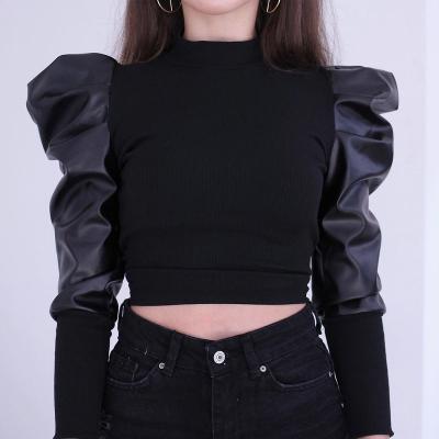 China New hot sale high quality luxury ladies anti-shrink spring sexy short puff sleeve rib belly-baring top for sale