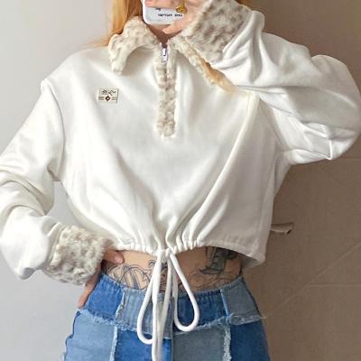 China High Quality Autumn Luxury Ladies Leopard Collar Women's Hot Sale Anti-wrinkle Spring Drawstring Solid Short Sweatshirt for sale