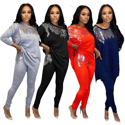 China Autumn Luxury Ladies High Quality Thermal Source Sustainable Casual Sequined T-Shirt And Pants 2 Pcs Clothing Set for sale