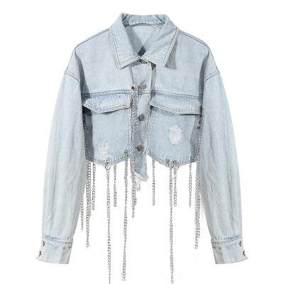 China 2021 new fashion ladies denim jacket high quality luxury women coat autumn spring breathable chain decoration short jeans jacket for sale