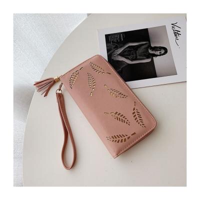 China 2021 Anti-theft Profit Ladies Clutch Coin Purse Long Hollowing Leaf Zipper Women Money Leather Wallet for sale