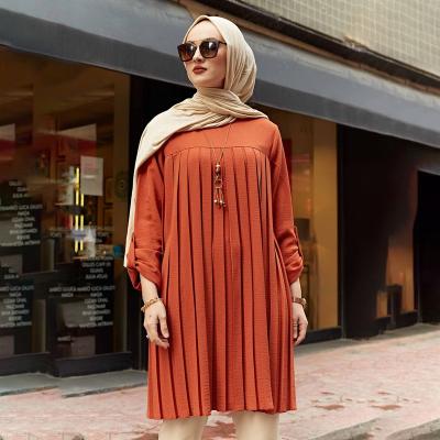 China Muslim Long Sleeve Anti Pilling Pleated Chiffon Top Sheath Long Comfortable Round Neck Plus Size Tiktok Top Long Sleeve Dress for sale