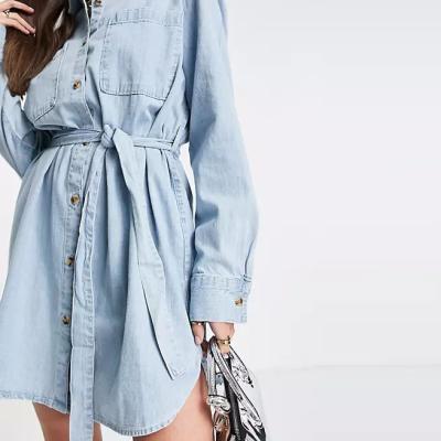 China Breathable Available Sales Europe And USA Washed Denim Shirt Dress High Waist Blue Soft Denim Shirt Oversized Long Sleeve Belted Top for sale