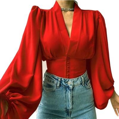 China 2022 New Amazon AliExpress Fashion High Street Fashion V-Neck Sale Vintage Print Breathable Warm Long Sleeve Spring Shirts Button Solid Color for sale