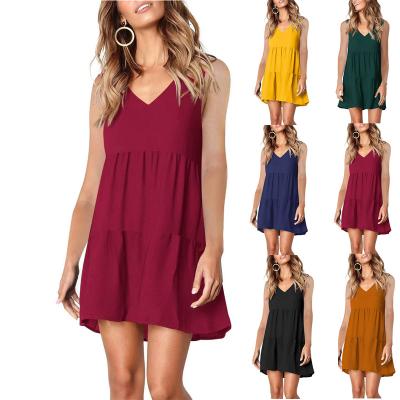 China Wholesale 2022 Amazon Custom Made Summer New Solid Color V-Neck Lotus Leaf Breathable Cheap Casual Loose Dress for sale