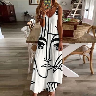 China New summer breathable high waisted dress European and beautiful women fashion abstract oil painting bride graffiti dress for sale