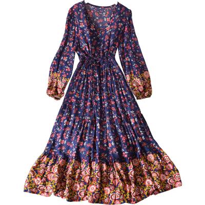 China Print Breathable Bohemian Folk Retro V-Neck Dress Vacation Style Long Sleeve Above Knee Casual Dress Women for sale