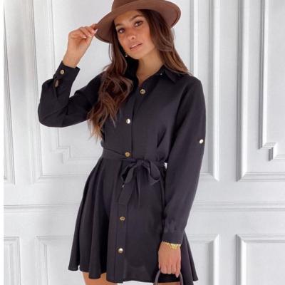 China New Autumn Style Spring Waist Lapel Casual Lace Up Shirt Breathable Long Sleeve Dress for sale