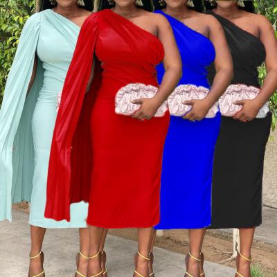 China Summer Classic Slanted Pleated Pleated Dress African Fit Off Shoulder Solid Color High Waist Dress Skirt African Breathable Plus Size Women's Dress for sale