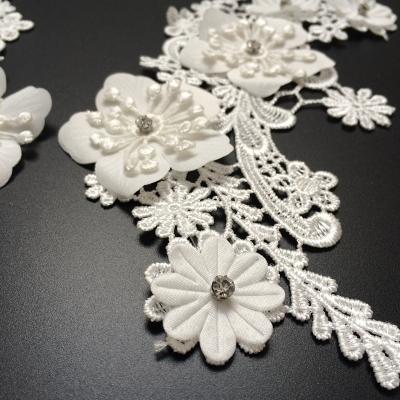 China Sustainable Fashion 3D Embroidery Polyester French Bridal Lace Fabric Trim For Wedding Dresses for sale