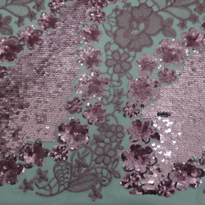 China Viable factory customized pink fish scale sequin flower embroidery fabric for stage performance apparel fabrics for sale