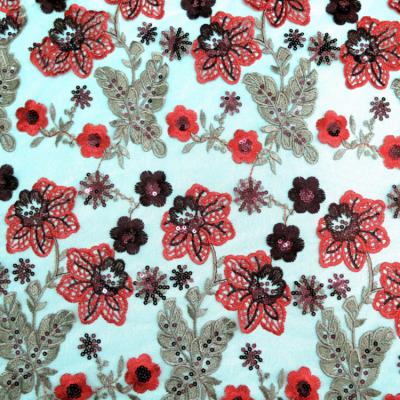 China Viable Promotional Products Vintage Red Flower Shape Polyester Sequins Embroidery Fabr for sale