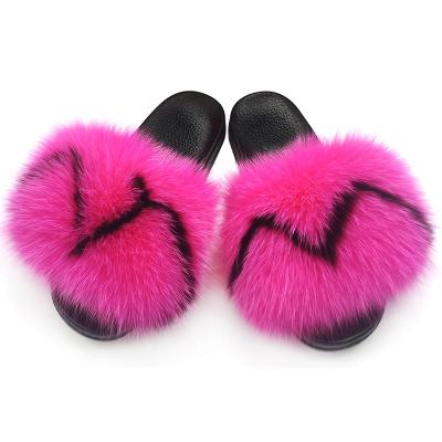 China Factory Wholesale Anti-skid PVC Slips Ladies Real Raccoon Fur Slippers Women Soft Fox Fur Slides for sale