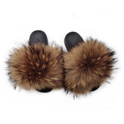 China Factory Wholesale Thermal PVC Slips Ladies Furry Real Fur Slippers Soft Raccoon Fox Fur Slides For Women for sale