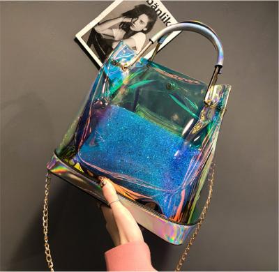 China Fashion 2019 Summer Girls Bag PVC New Laser Transparent Bag Women Chain Hand Shoulder Bag Set for sale