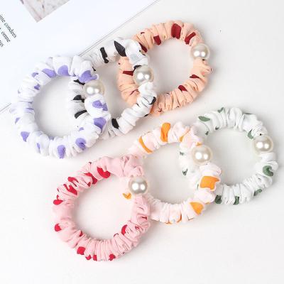 China 2021 OPP BAG Custom Girls Hair Accessories Big Fluffy Elastic Pearl Hair Bands Silk Satin Scrunchies News Pink Women For Hair for sale