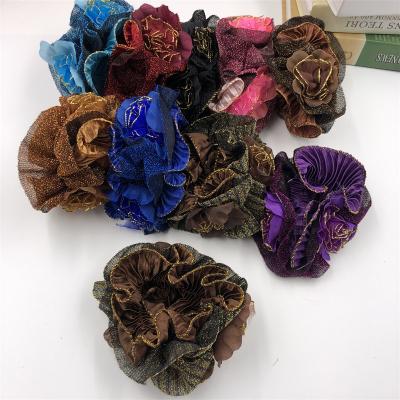 China Fashion New 3 Flowers Bright Hair Ring Middle-aged Mother's Flower s flat hair cover band leather scrunchies for sale