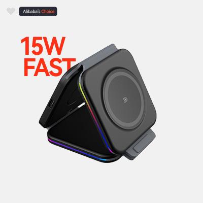 China Convenient Fast 15W Rgb Wireless Charger 3 in 1 Wireless Charger White Magnetic Suction Wireless Charging for sale