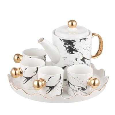 China Viable European-style luxury small teapot ceramic coffee cup gift set pot water cup one four cups with ceramic tray for sale