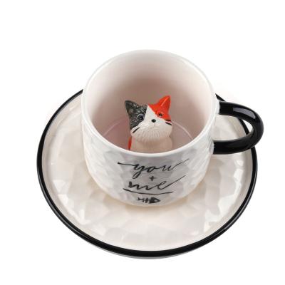 China Viable Creative Large Capacity Tea Coffee Cat Mug Ceramic White Mug With Tray for sale