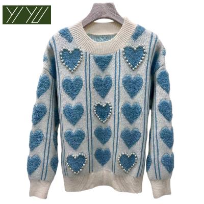 China Casual Pearl Mink Hearts Wholesale Round Neck Pullover Sweater QUICK DRY Outside Wear Winter Theme Sweater for sale