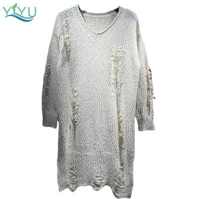 China Wonen Breathable Long Sleeves Vintage Ripped Style Lazy Sweater Dress Solid Color Distressed Knitted Suits for sale