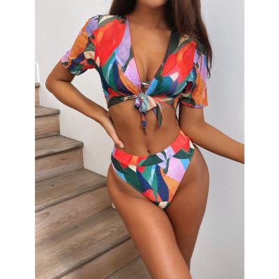 China Breathable Three Piece Swim Set Simple Swimsuit Bikini Flower Ladies Print Split Swimwear for sale