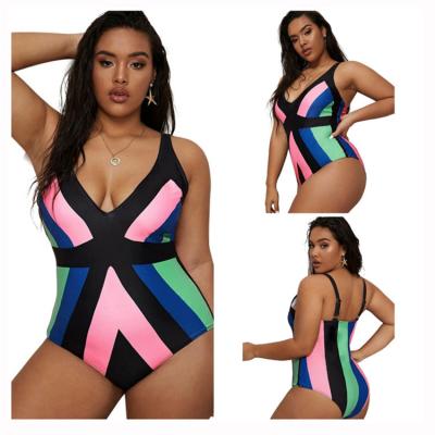 China Breathable Patchwork Striped Plus Size Bikini Ladies One Piece Swimsuit Plus Size Bikini Set for sale