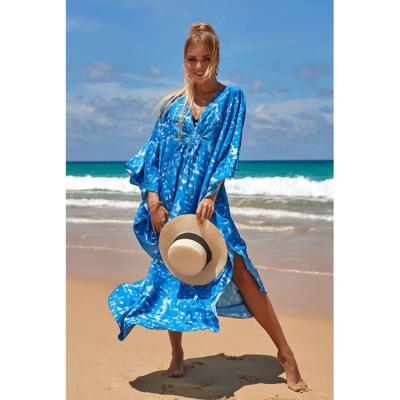 China Breathable Blue Stain Mid-knit Beach Blouse Tie Dye Vacation Dress Oversized Swimwear Cover Up for sale