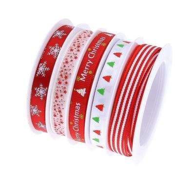 China Recyled Printed Christmas Red Striped Rowan Ribbon Set Christmas Ribbon Gift Wrap Decoration 5 Yards8 / Roll 5 Styles for sale