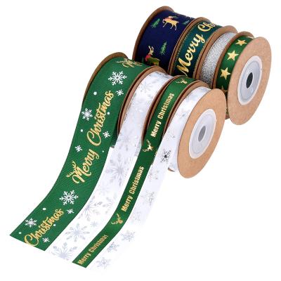 China Recyled New Product Christmas Decoration With Printed Deer Letters Forged Ribbon Gift Xmas Ribbon Wrapping Combination for sale