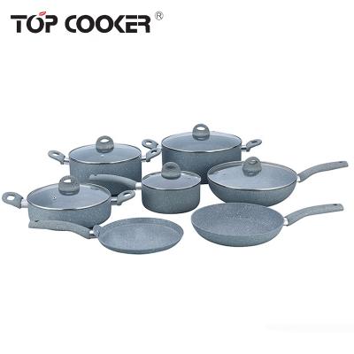 China Sustainable induction based coating aluminum gray marble cookware set for sale