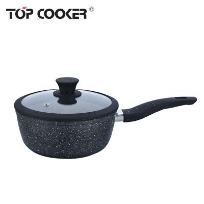 China Durable Aluminum Forged Blowing Marble Coating Ball Sauce Pan With Silicone Lid for sale