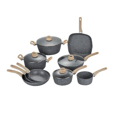 China Sustainable aluminum forged granite liner cookware set with wodden design handle for sale