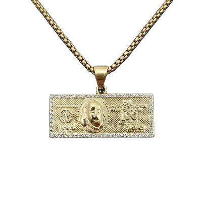 China Elu Jewelry RTS Stainless Steel Diamond Bling Bling Religious High Quality US Dollar Pendant Necklace for sale