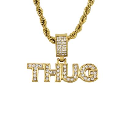 China Fashion Choker Hip Jewelry RTS Bling Bling Rhinestone Hip Hop Necklace Iced Out Stainless Steel Letter Thug Pendant Necklaces For Men for sale