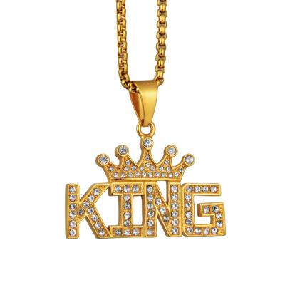 China Chosen Jewelry RTS Fashion Hip Hop Stainless Steel Punk Gold Plated Crystal Rhinestone Iced Out Letter Crown Pendant Necklace for sale