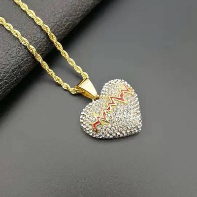 China Hiphop Elu Jewelry RTS Bling Rhinestone Crystal Titanium Steel ECG Heart Pendant High Quality For Couples Jewelry for sale