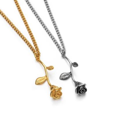 China Hiphop Chosen RTS Hiphop Jewelry Style Stainless Steel Gold Plated Rose Flower Necklace Pendant For Women Jewelry for sale