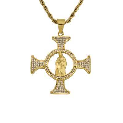 China Trendy Hiphop Jewelry RTS Hip Hop Stainless Steel Chosen New Pave Crystal Rhinestone Virgin Mary Cross Pendant For Men Jewelry for sale