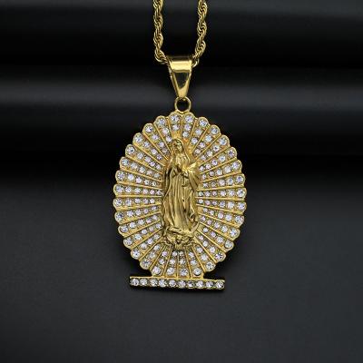 China Religious High Quality Stainless Steel Micro Insert Full Elu Rhinestone Bling Jewelry RTS Gold Filled Virgin Mary Necklace For Men's Gift for sale