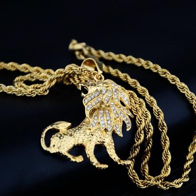 China TRENDY Choker Jewelry RTS Gold Plated 16' 18' 24' Inch Rope Chain Stainless Steel Rhinestone Lion Necklace For Men Hip Hop Jewelry for sale