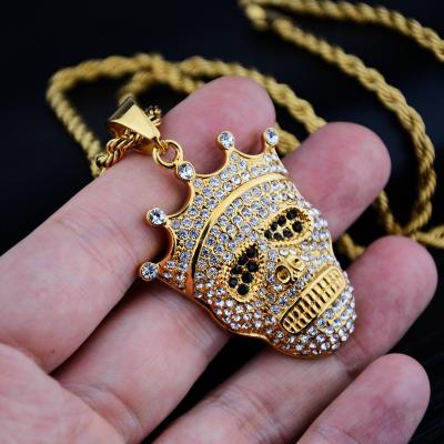 China Elu Jewelry RTS New Design Punk Gold Plated Steel Micro Inlaid Bling Full Crystal Iced Out Ghost Skull Necklace For Men Jewelry for sale